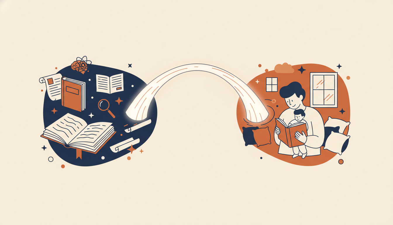 Two soft worlds connected by a graceful arc, representing how Kindlexy bridges expert knowledge and parents