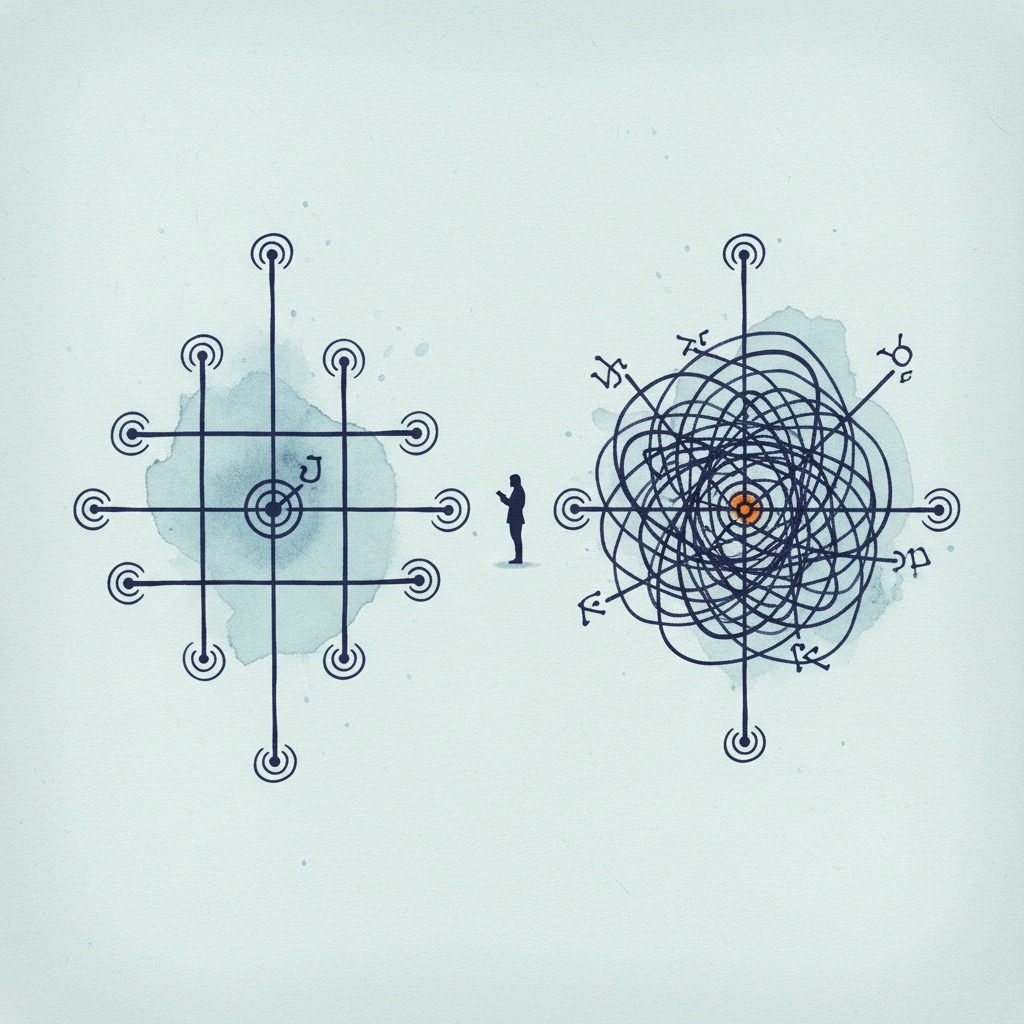 A two sided conceptual composition, an orderly grid of letters on one side and a tangle of knots on the other, with a small reader figure in the middle