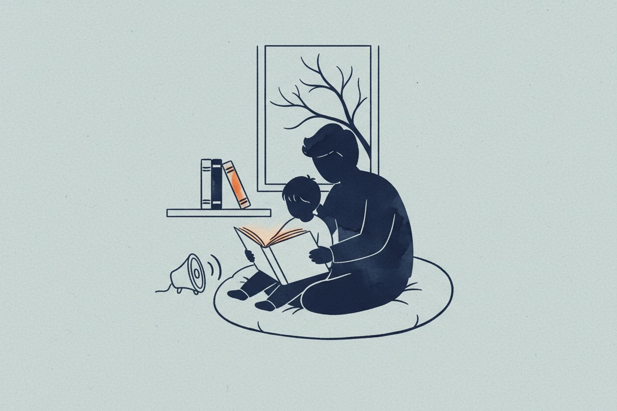 A parent and child reading together at home in the evening, an audiobook speaker beside them and a shelf with books in two different languages