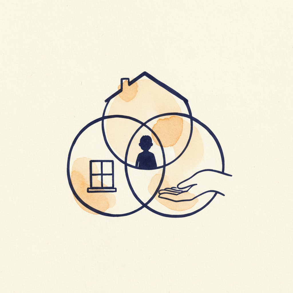 Three overlapping circles representing home, school, and specialist support gently surrounding a child