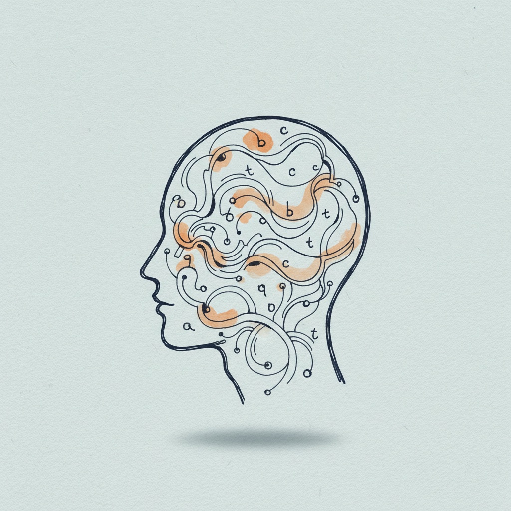 Illustration of a head in profile with abstract reading pathways, a few highlighted in orange