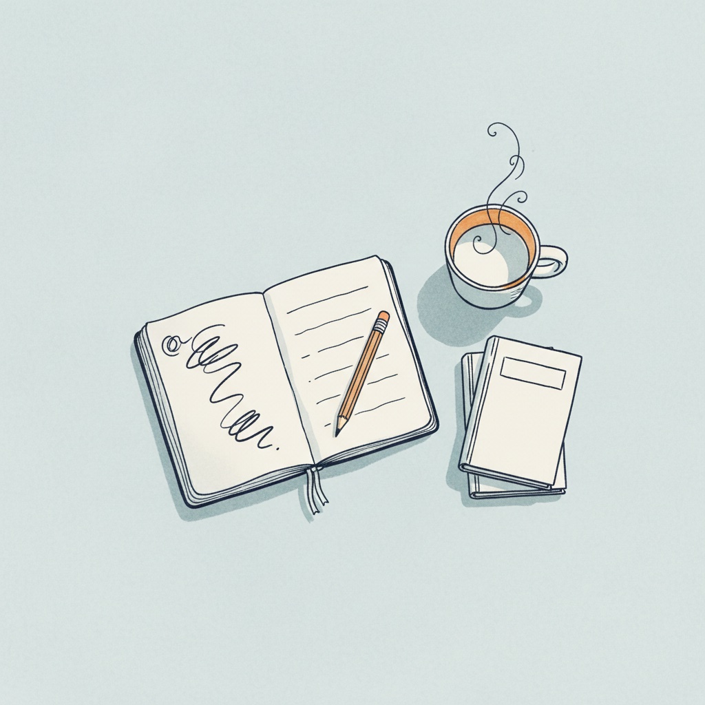 Flat lay of an open notebook, pencil, stacked books and a warm mug on a desk